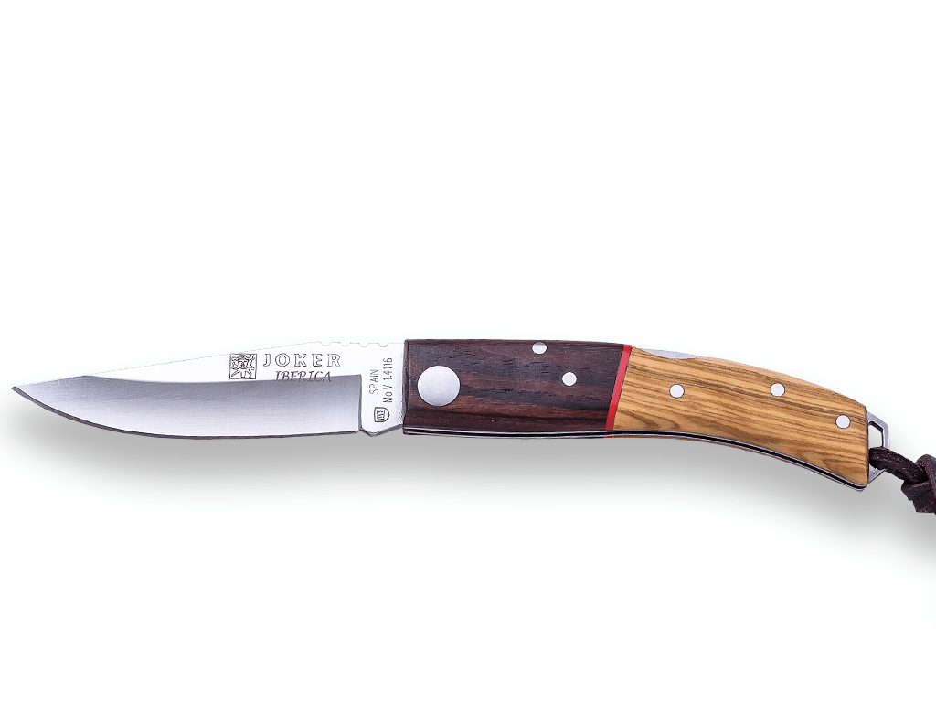 NAVAJA DEPORTIVA JOKER IBÉRICA ,CON BLOQUEO, CACHAS EN MADERA DE OLIVO Y PALISANDRO, ACERO INOX MOVA 1.4116 Y HOJA DE 7,5 CM.