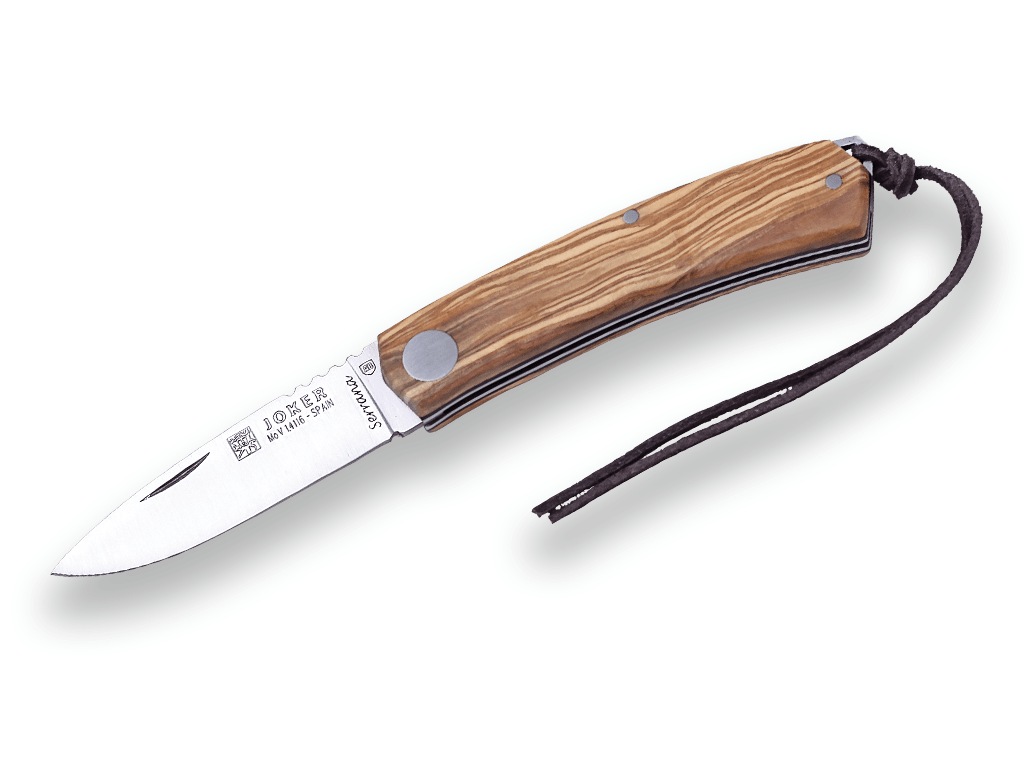 NAVAJA DEPORTIVA JOKER SERRANA PISTON HOJA 7 CM INOX MOVA Y CACHAS MADERA DE OLIVO