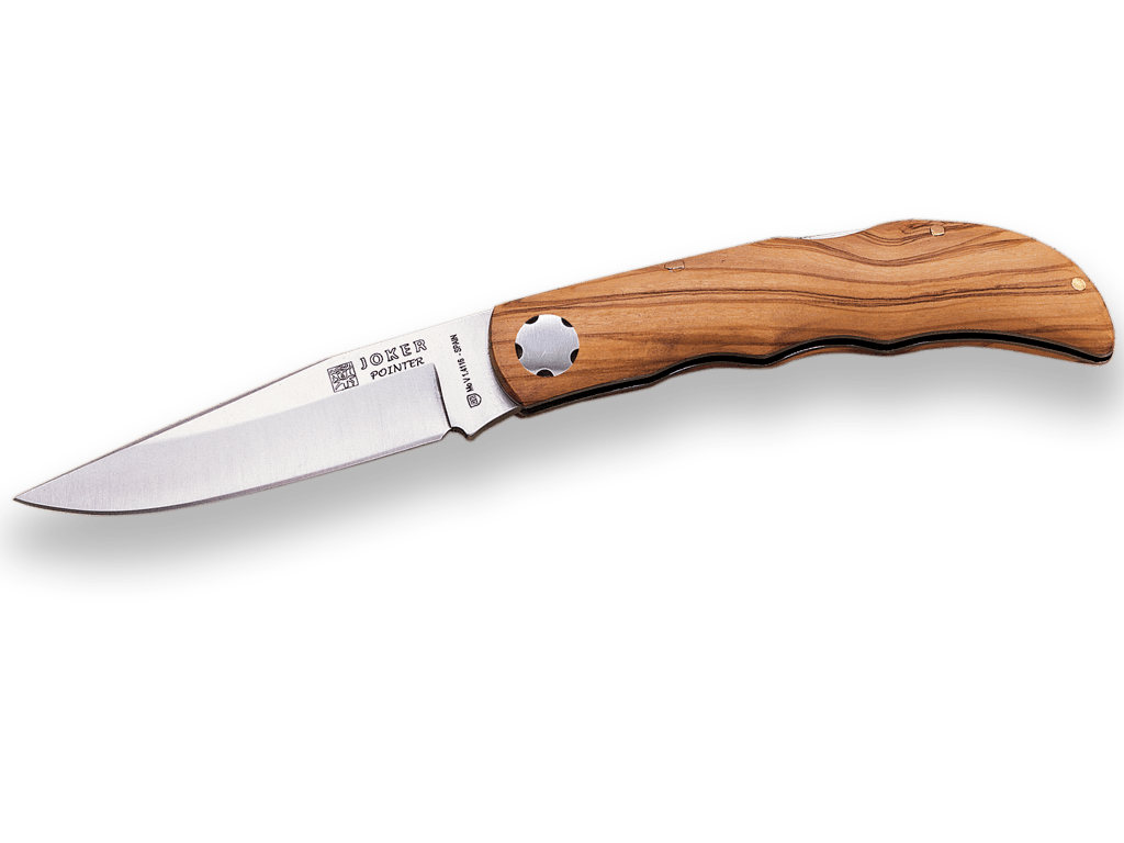NAVAJA DEPORTIVA CON CACHAS DE OLIVO AGARRE DEDOS BLOQUEO Y HOJA DE 9 CM.