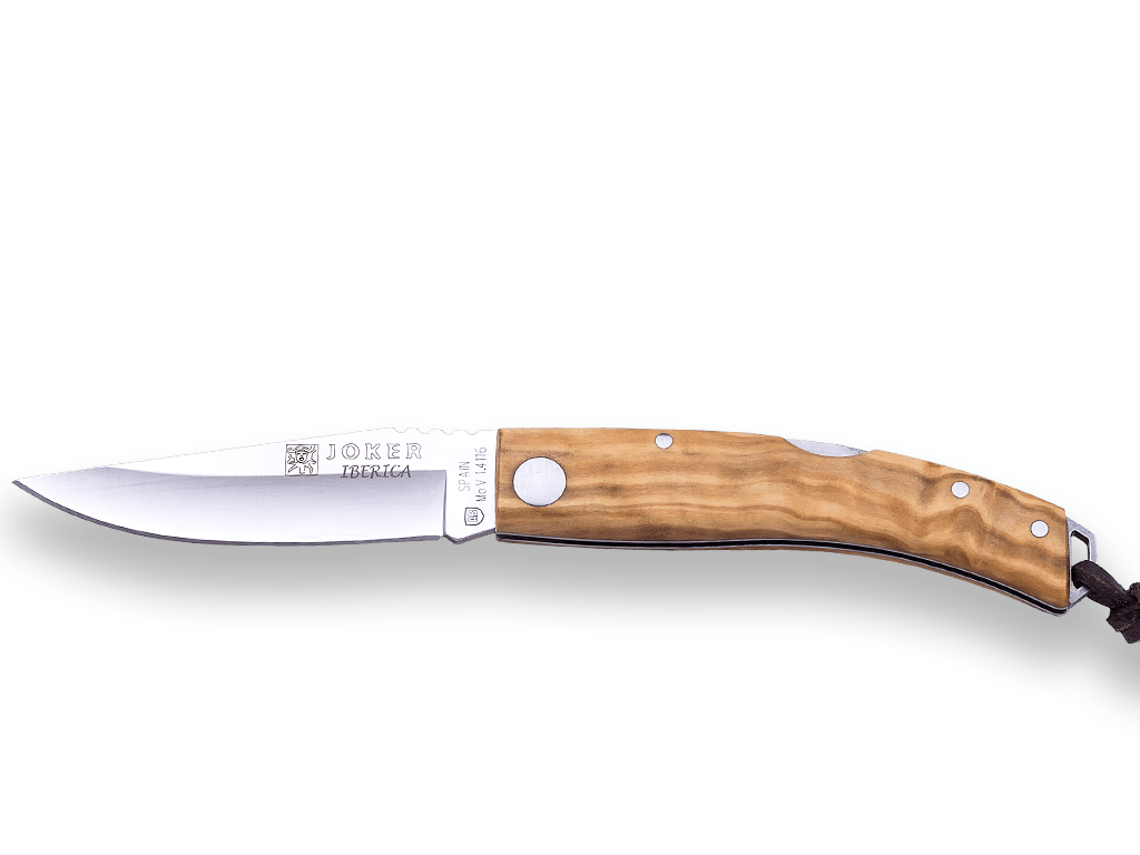 NAVAJA DEPORTIVA JOKER IBÉRICA ,CON BLOQUEO, CACHAS EN MADERA DE OLIVO, ACERO INOX MOVA 1.4116 Y HOJA DE 7,5 CM.