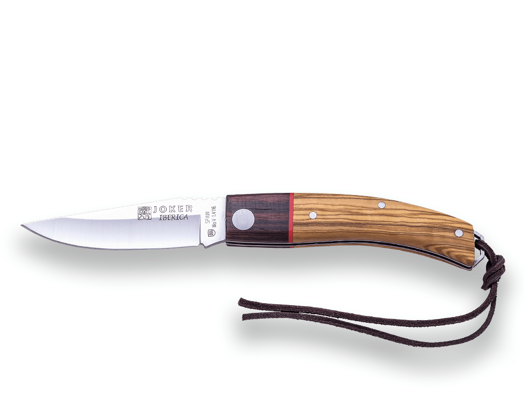 NAVAJA DEPORTIVA JOKER IBÉRICA ,DE PISTON, CACHAS EN MADERA DE OLIVO,VIROLA PALISANDRO, ACERO INOX MOVA 1.4116 Y HOJA DE 7,5 CM.