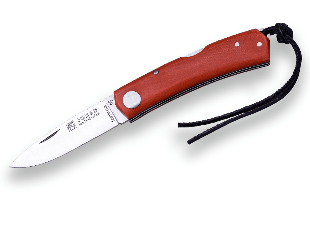 NAVAJA DEPORTIVA JOKER SERRANA, CON BLOQUEO, HOJA DE 7 CM, ACERO INOX MOVA 1.4116,  CACHAS DE MICARTA.