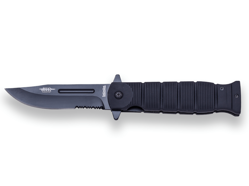 NAVAJA DE RESCATE JKR , HOJA INOX DE 11 CM CON SIERRA , PUÑO DE GOMA.