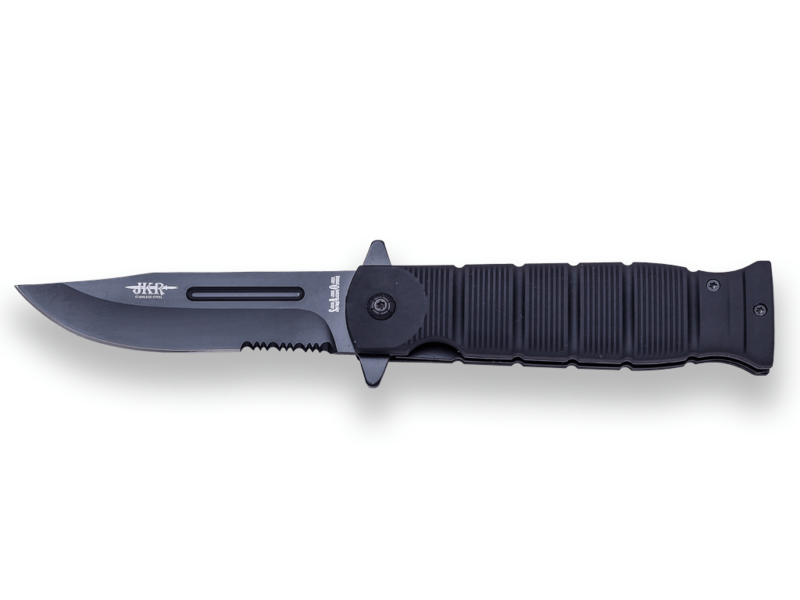 NAVAJA DE RESCATE JKR , HOJA INOX DE 11 CM CON SIERRA , PUÑO DE GOMA.
