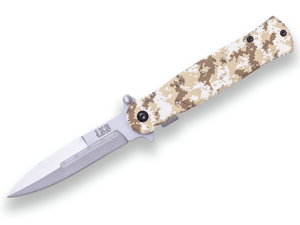 NAVAJA JKR CON APERTURA ASISTIDA, 1 SOLO FILO, HOJA INOX DE 8,5 CM Y PUÑO CAMUFLAJE CON CLIP.