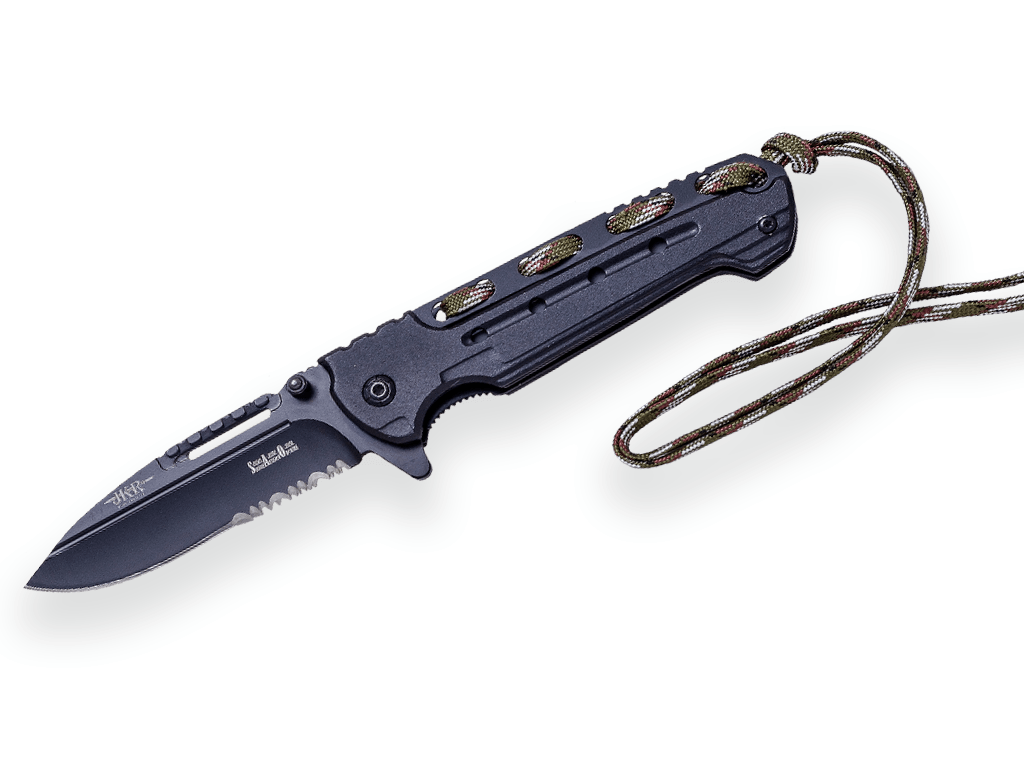 NAVAJA TACTICA JKR CON APERTURA ASISTIDA, PUÑO DE ALUMINIO CON PARACORD Y HOJA DE 9 CM.