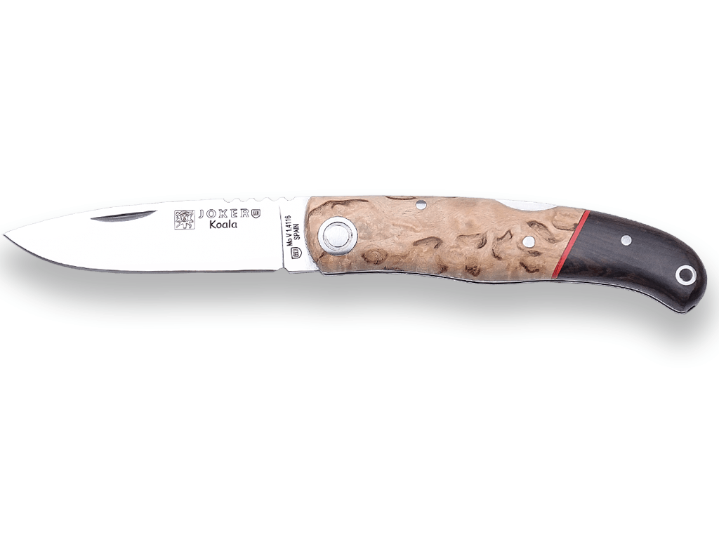 NAVAJA DEPORTIVA CON CACHAS DE ABEDUL RIZADO Y GRANADILLO Y HOJA DE 8 CM