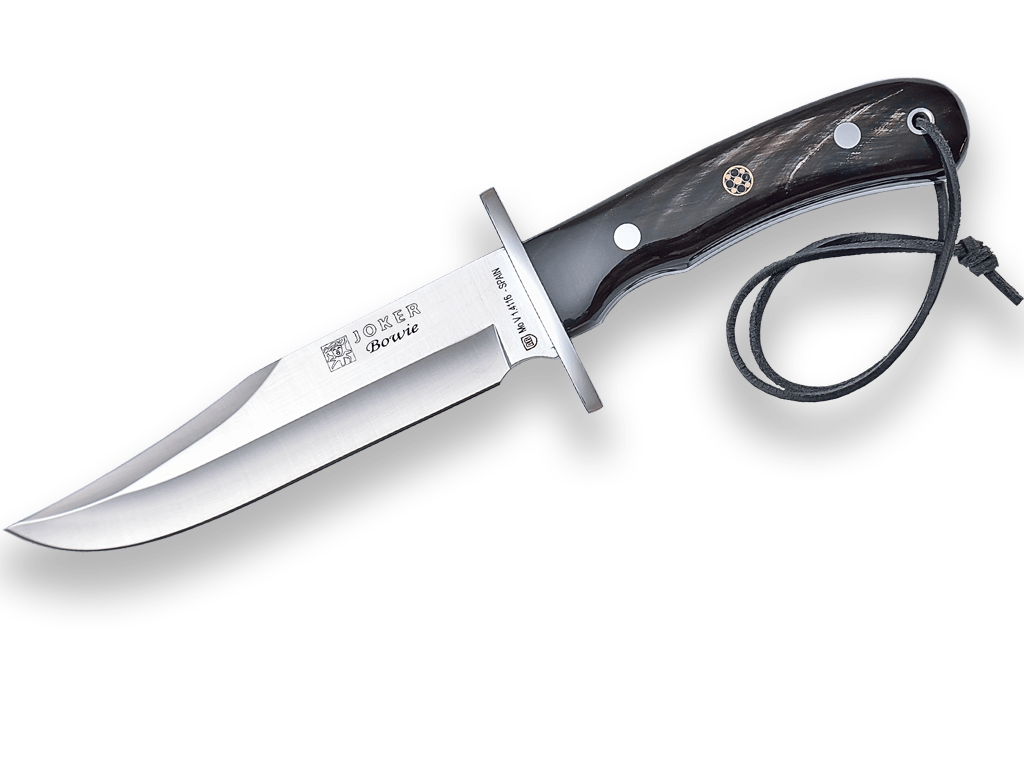CUCHILLO DE CAZA JOKER BOWIE PUÑO BUFALO Y HOJA DE 16 CM.FUNDA PIEL COMBINADA CON AUTÉNTICA PIEL DE CIERVO.