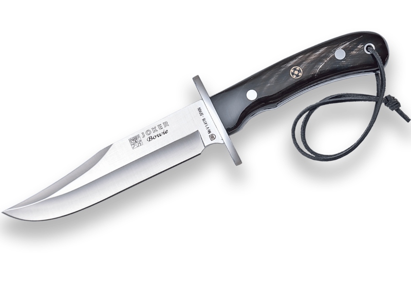 CUCHILLO DE CAZA JOKER BOWIE CON PUÑO EN ASTA DE BUFALO HOJA 16 CM. FUNDA DE PIEL COMBINADA CON PIEL DE SERPIENTE.