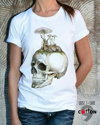 Mushroom Skull Print White Cotton T-shirt Mushroom Skull Print White Cotton T-shirt
