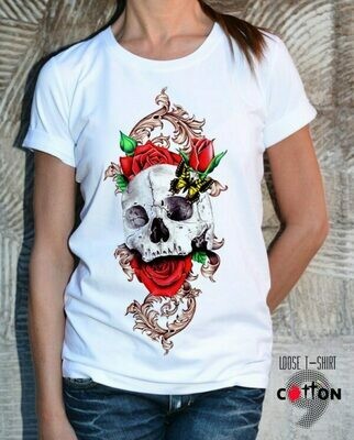 Skull With Flowers Print Cotton T-shirt Skull With Flowers Print Cotton T-shirt