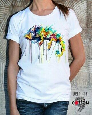 Colorful Chameleon Print White Cotton T-shirt Colorful Chameleon Print White Cotton T-shirt