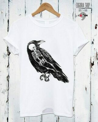 Skeleton in Crow Print Cotton T-Shirt Skeleton in Crow Print Cotton T-Shirt