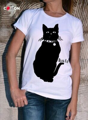 Animated Black Cat Print Cotton T-Shirt Animated Black Cat Print Cotton T-Shirt