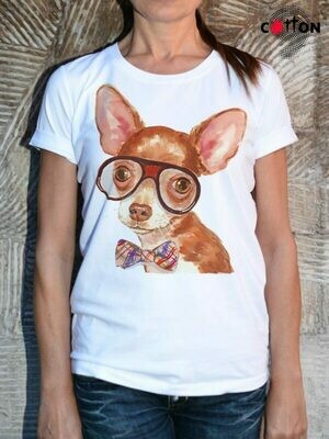 Chihuahua With Glasses Dog Print Cotton T-Shirt Chihuahua With Glasses Dog Print Cotton T-Shirt