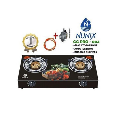 Nunix Glass Table Top Double Burner Gas Stove + Pipe &amp; Regulator