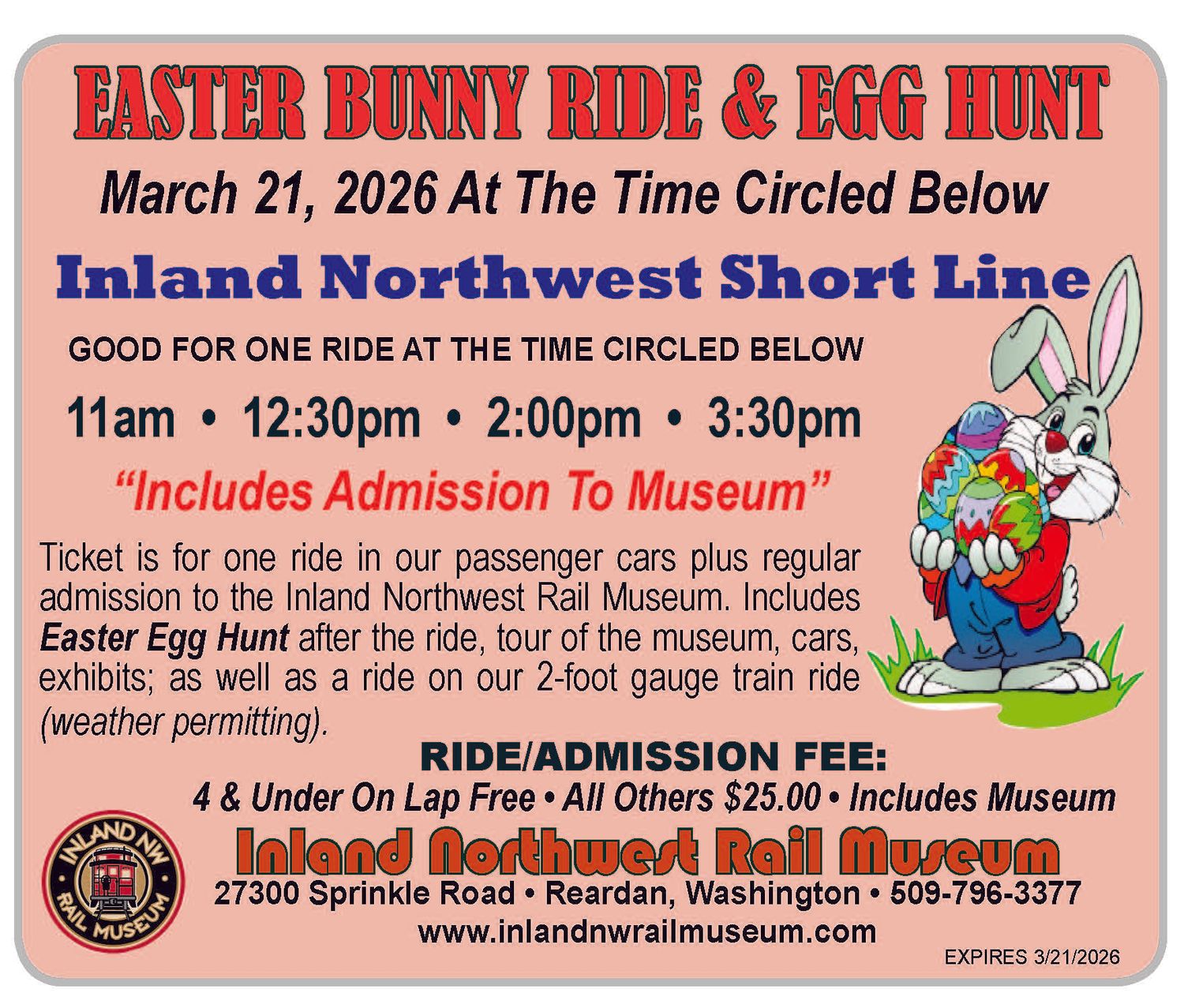 Easter Bunny Ride &amp; Egg Hunt  - March 21, 2026