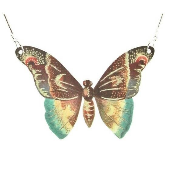 Large Brown Blue Butterfly Moth Pendant Necklace