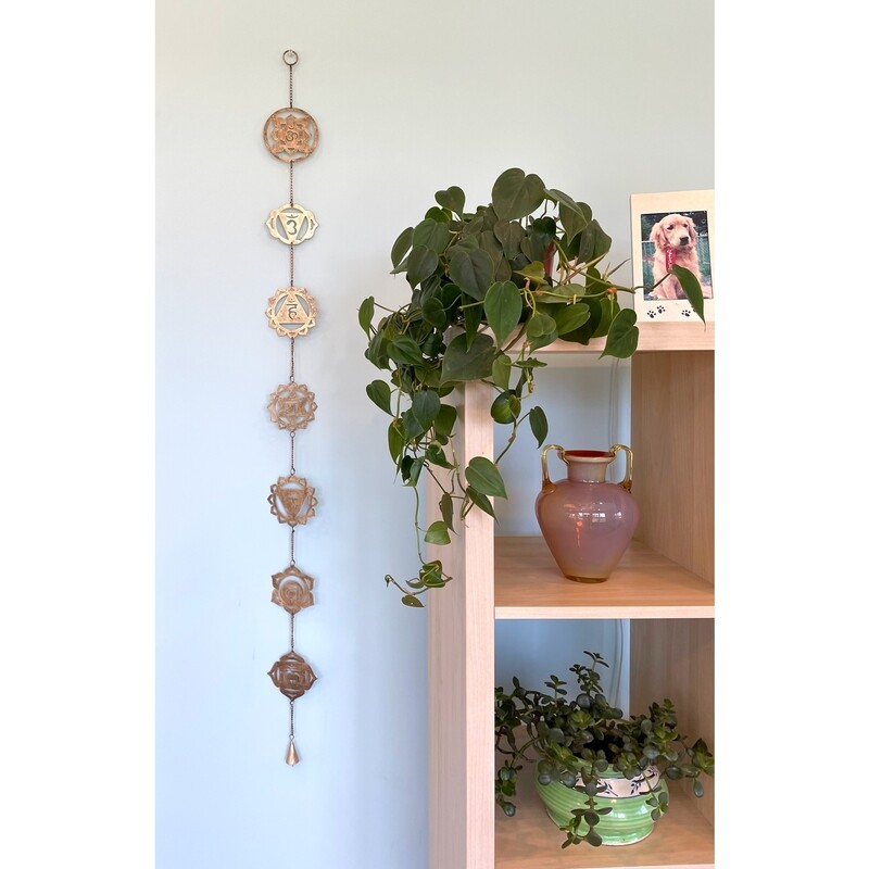 Mira Fair Trade Hand Carved Long Gold Chakras Hanging Chime