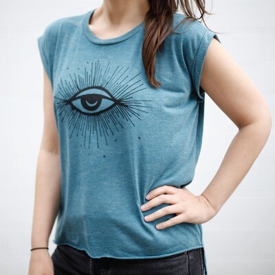 M Hex Moon and Stars Women's Deep Teal Rolled Cuff Muscle Tee