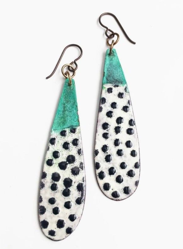 Courtney Fischer Black White and Patina Teardrop Earrings