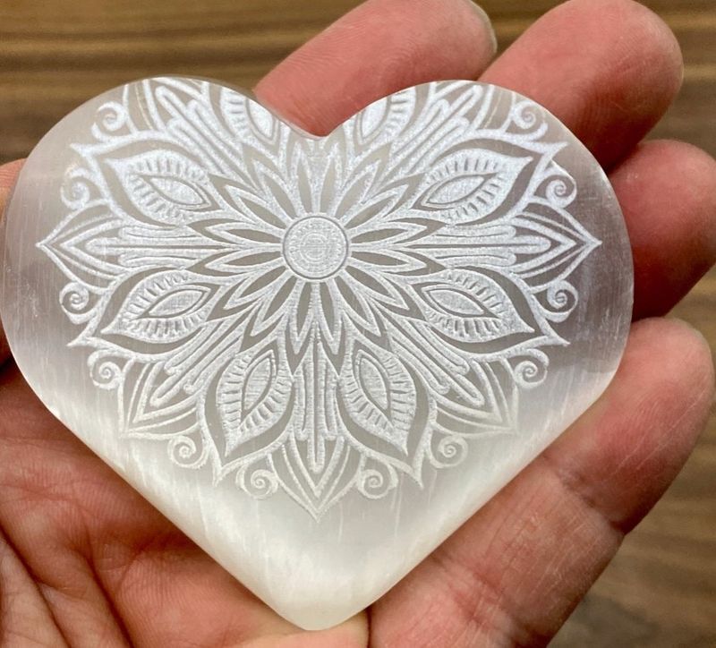 Zen and Meow Selenite Heart Laser Engraved Mandala