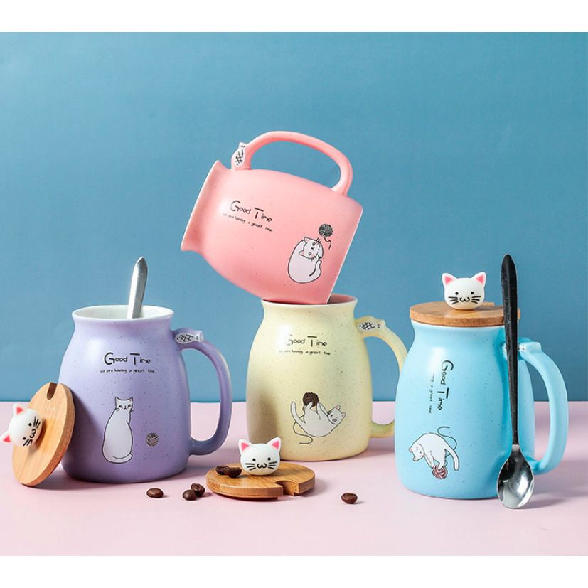 Homerely Cartoon Ceramic Cat Mug with Lid and Spoon