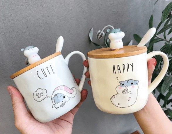 Homerely Cartoon Hamster Mug w Lid & Spoon