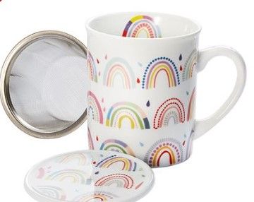 D&B Rainbow Herb Tea Mug set with Stainer and Lid Porcelain Stainless