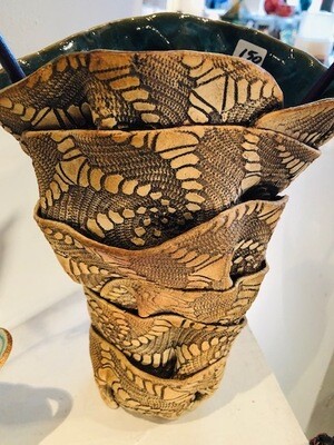 SOLD Slab formed clay fabric imprinted Vase form by Kathy Jeffries