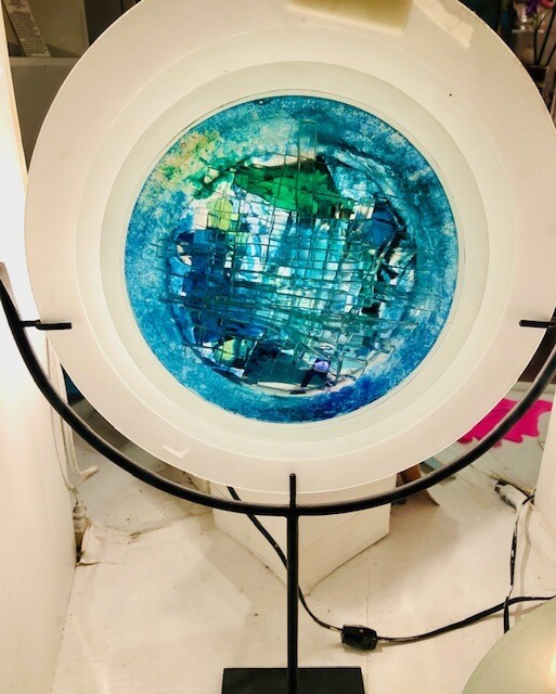 Fused Blue Disk Orb on Steel Frame by Breatrice Keleman of Venezula