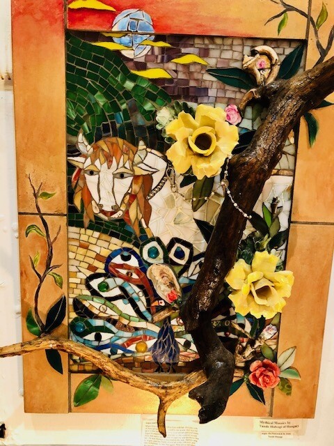 Massive Mosaic Frame using stained glass, wood & porcelain by Tunde Hidvegi