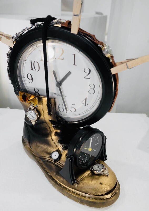 "It's Time to Run" Multiple Clocks, Watches, Collage Shoe Art by John Crutchfield