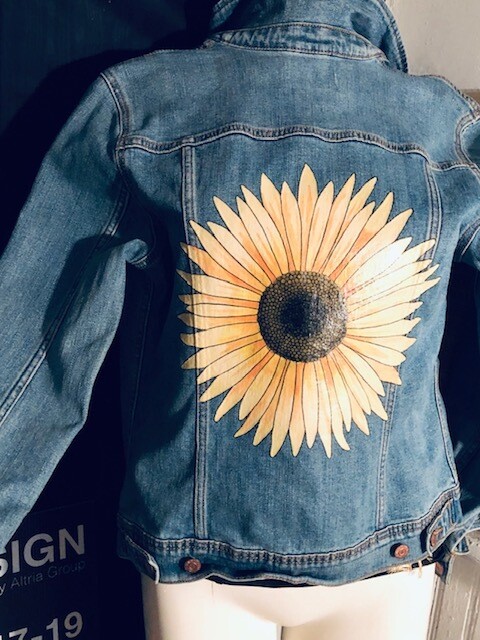 "Sunflower" Hand painted Blue Jean Denim Jackets by Nicola Merriman
