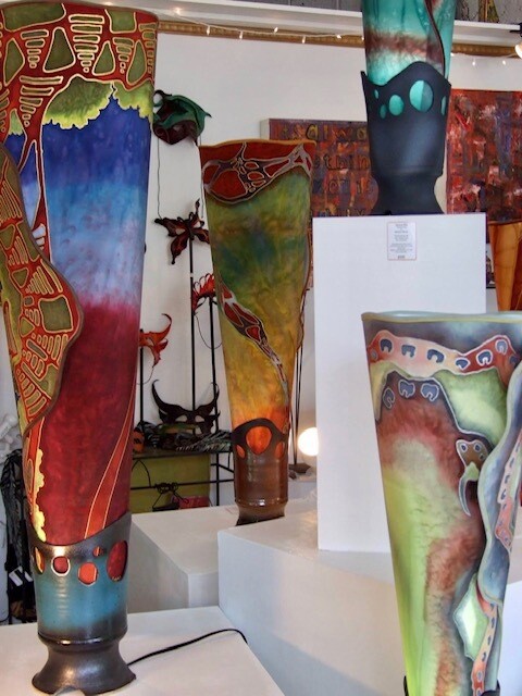 Batik Silk Cylinder Lanterns set in ceramic bases by Barbara Wood of Arizona