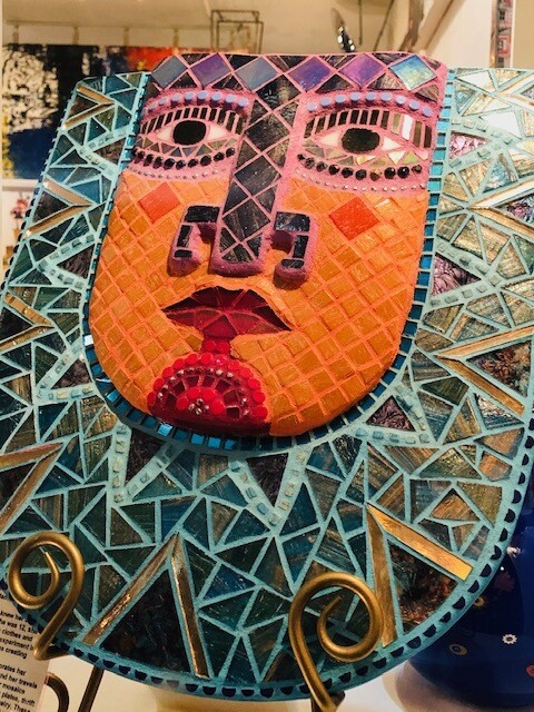 the Aztec Sun God Mosaic Face with broken glass by Donna Parsons the Aztec Sun God Mosaic Face with broken glass by Donna Parsons