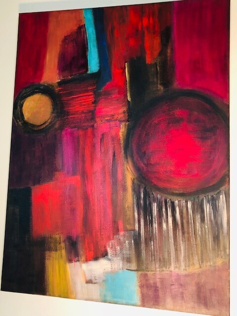 SOLD Red circles and wash acrylics b Inge Stract