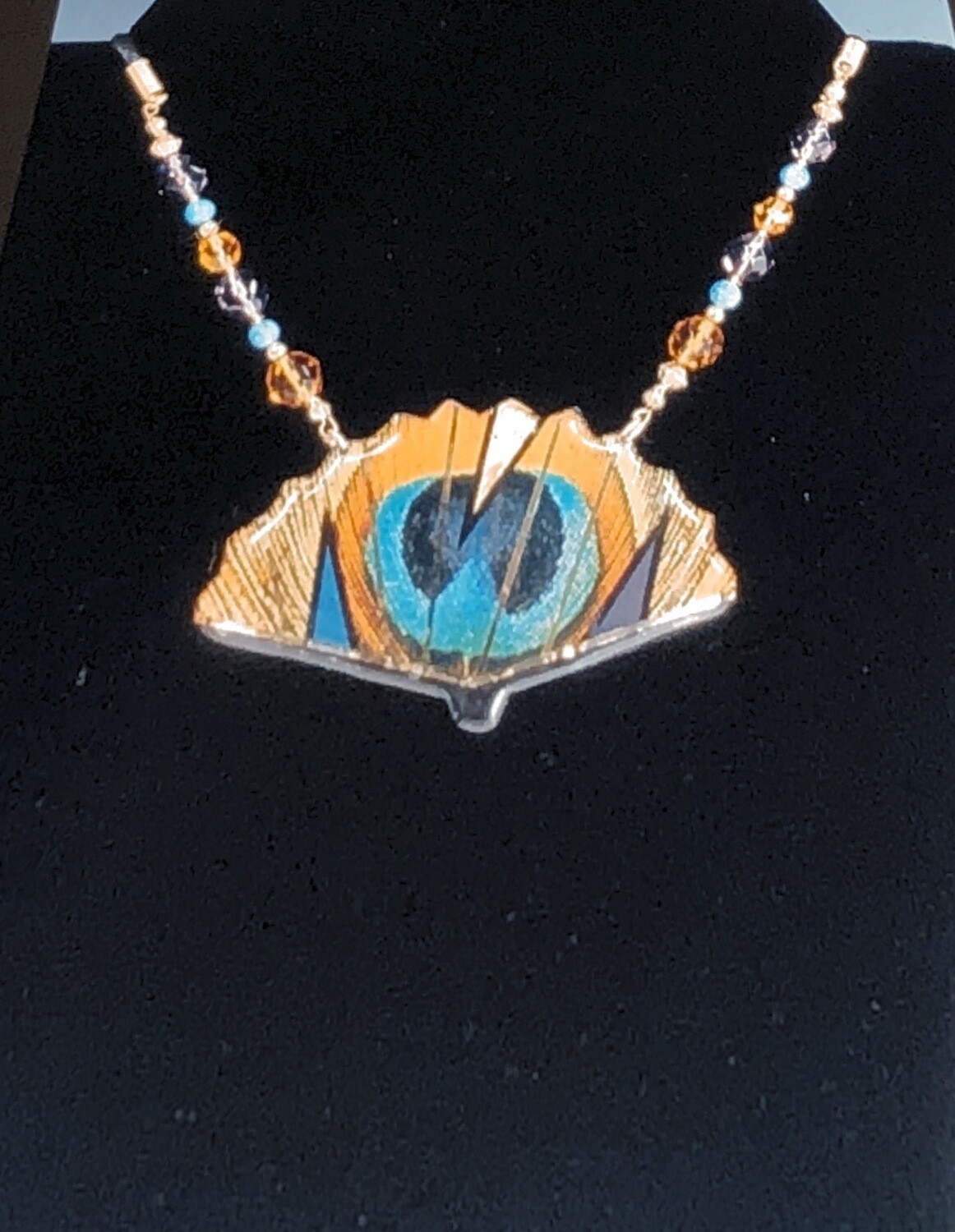 Peacock Feather Fan Necklace with Crystals