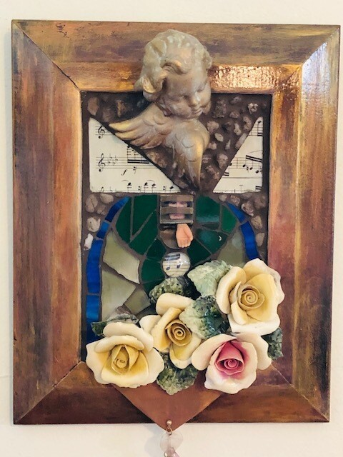 SOLD..Mixed Media Wall Piece with Flowers- Tunde Hidvegi