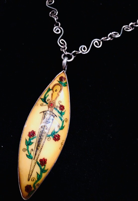 "Excalibur"...Handpainted Alabaster with forged sterling chain -JTC