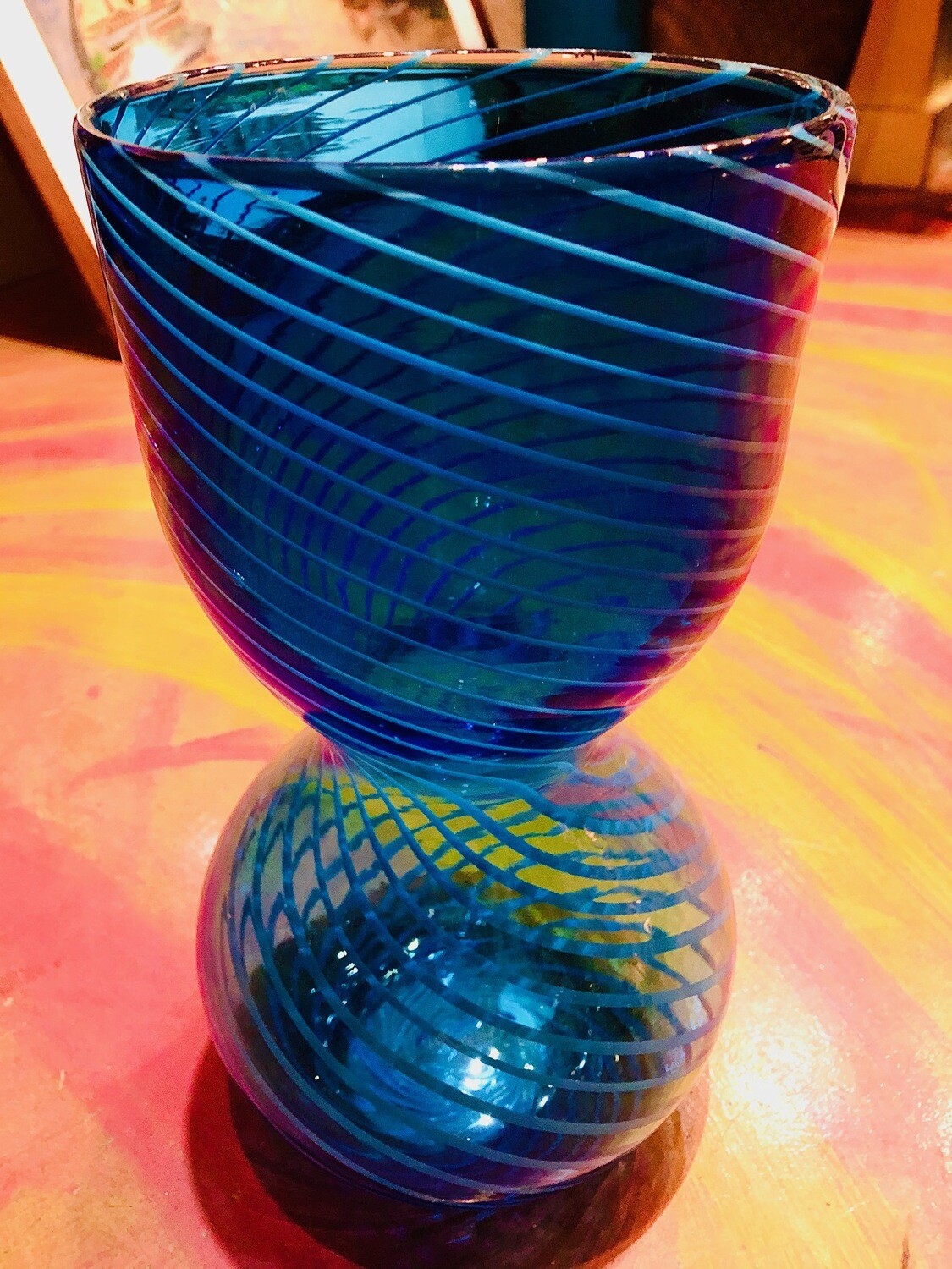 Blue Spiral Vase with Scrafitto Blown Glass by Chris Skibbe