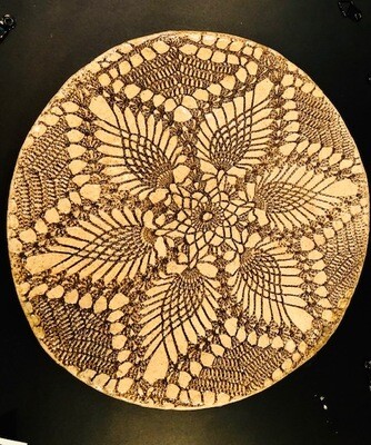 Round Dish imprinted with doily fabric by Lynn Puhalla