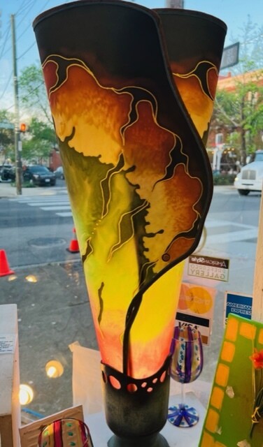 Batik Silk Cylinder Lanterns set in ceramic bases by Barbara Wood of Arizona