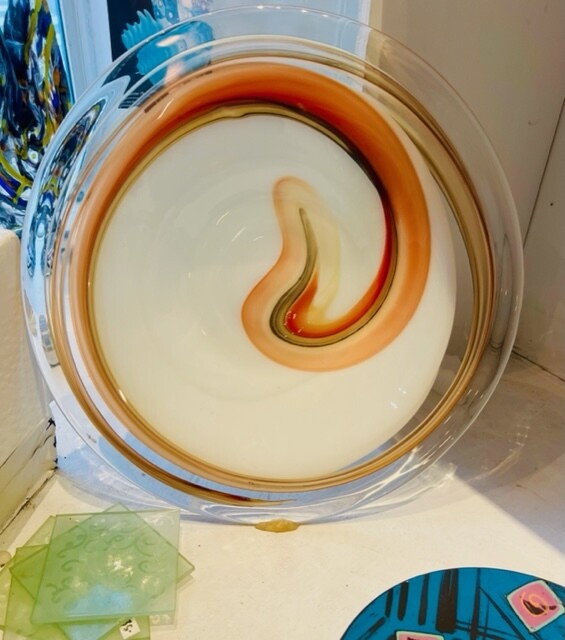 Blue Brown White Swirl Blown Glass Bowl