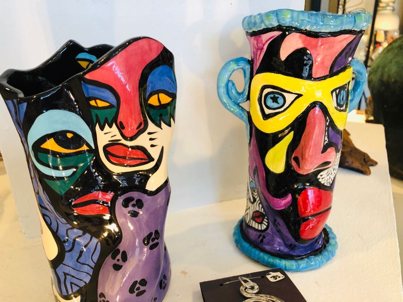 Pagliacci Clown Face Vases formed in clay by Doreen Baskins