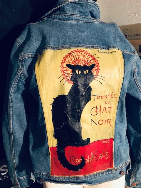 SOLD.. SOLD.."Au Chat Noir" Hand painted Blue Jean Denim Jackets by Nicola Merriman