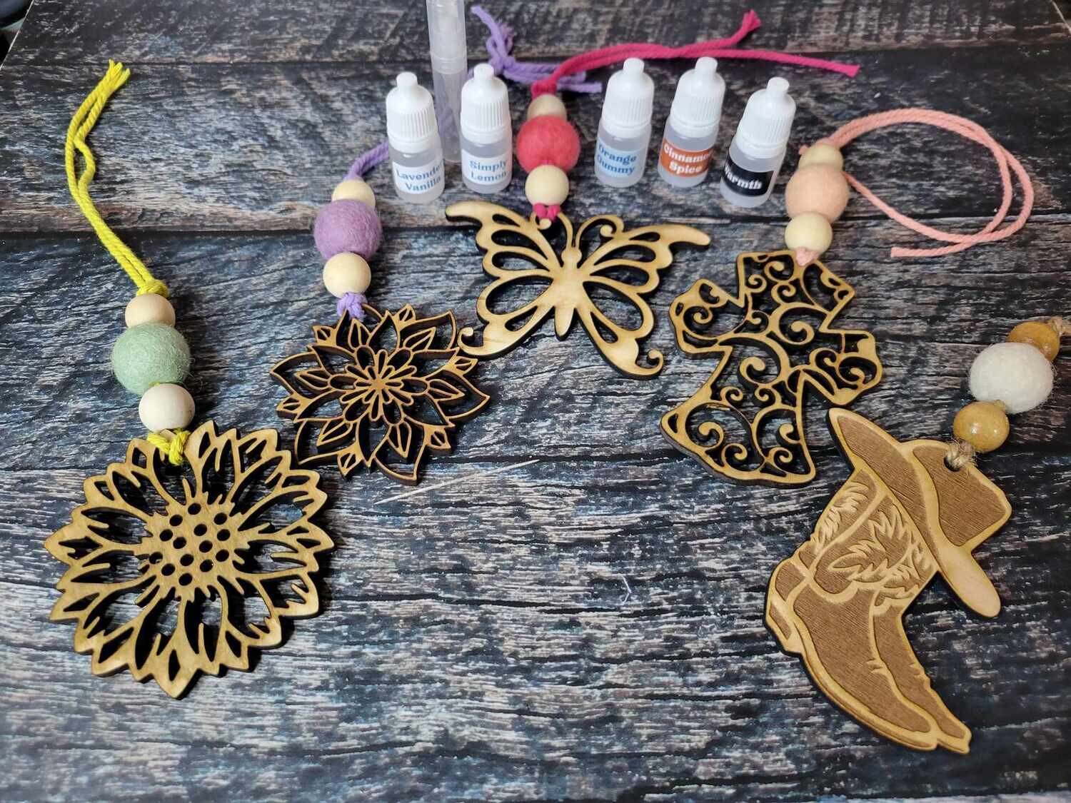 Finished Wood Charms with Bonus Oil Samples