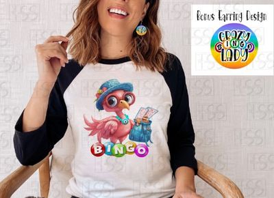 Crazy Bingo Flamingo Lady with BONUS Earring Design Sublimation Design