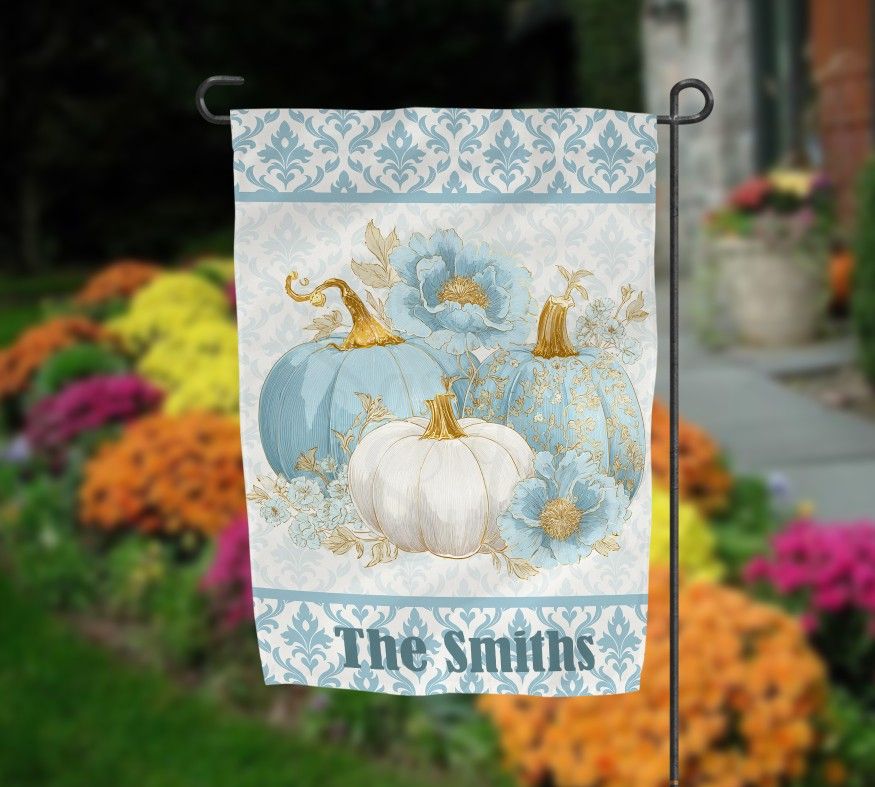 Blue/Teal Damask and Pumpkin Garden Flag  Sublimation Design