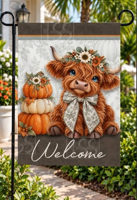 Highland Cow and Pumpkin Garden Flag  Sublimation Design